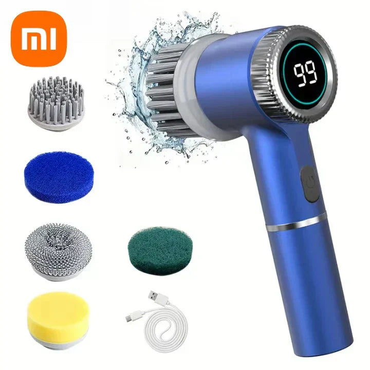 Omniwash Pro electric spin scrubber with digital display, five interchangeable brush heads and a USB charging cable.